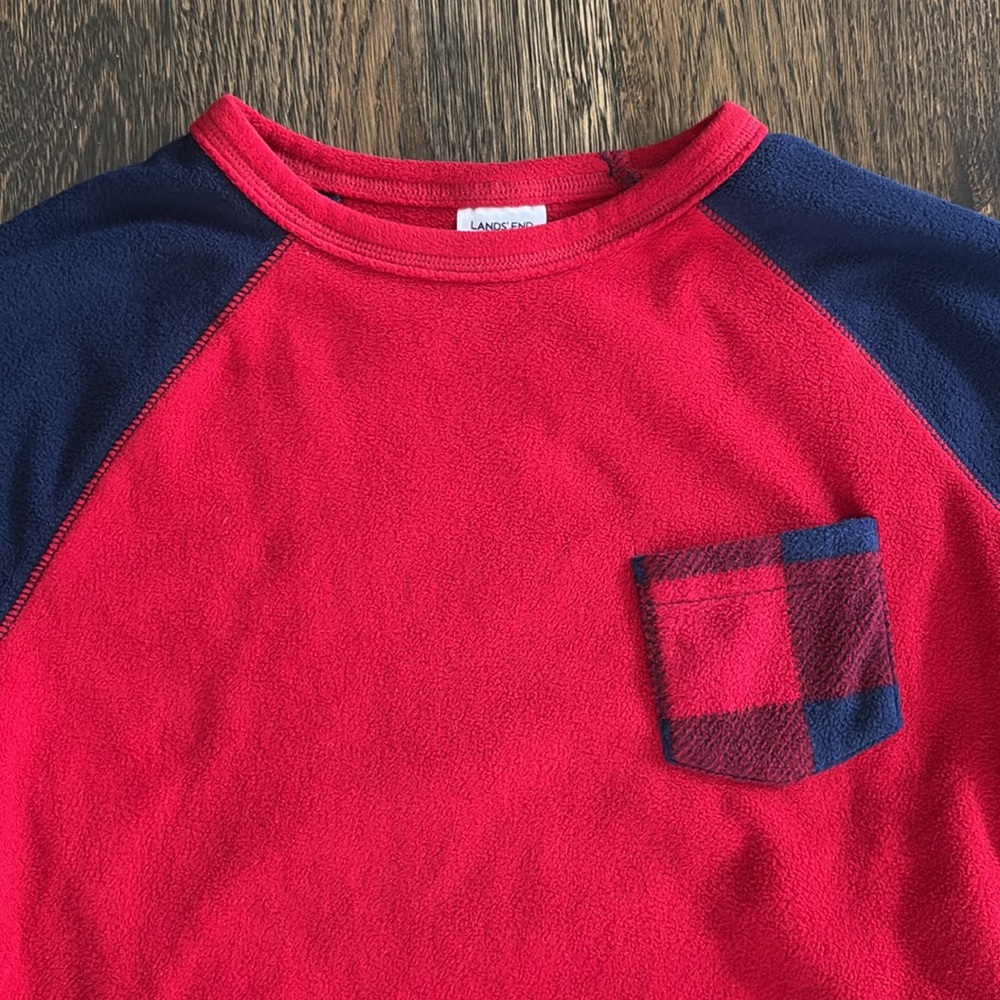 Lands' End Red and Blue Pajama Set with Long Sleeves and Plaid Pants